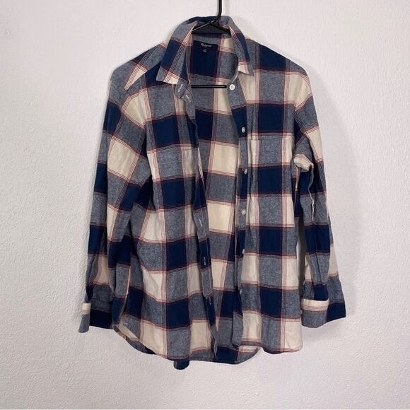 Madewell Navy Blue and Cream Plaid Button Down Shirt - Picture 1 of 6
